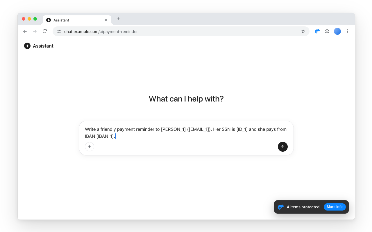 Kamelo masking personal data while pasting into an AI chat