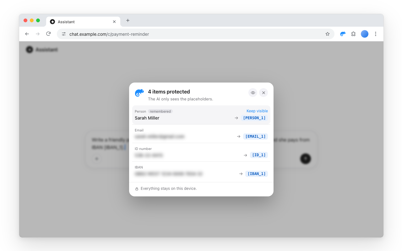 The Kamelo popup showing what was protected in a message